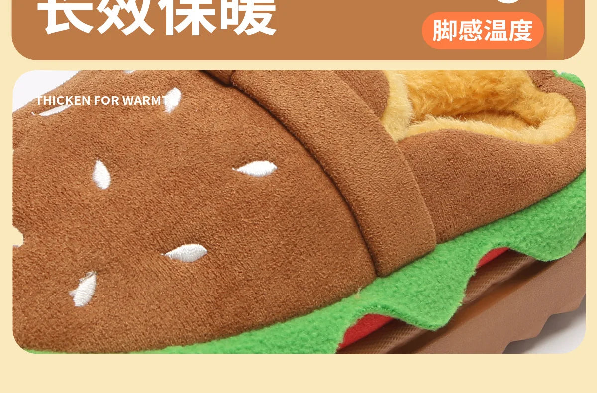 Women's Home Slippers Winter Warm Fuzzy Hamburger Slippers Funny Cute Indoor Rug Flat-Soled Home Shoes Plush Home Slippers