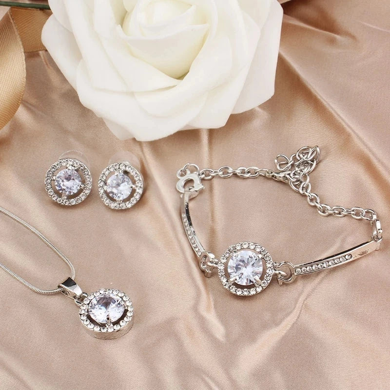 925 Sterling Silver Crystal Pendant Necklace Earrings Bracelet Jewelry Set For Women Girls Wedding Engagement Fashion Jewelry