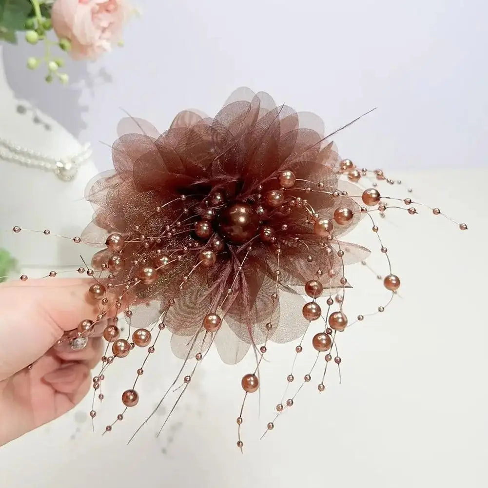Women Fashion Hair Accessories Girls Flower Hair Claw Pleated Organza Pearls Black Feather Grip Shark Hair Clip Female Headwear