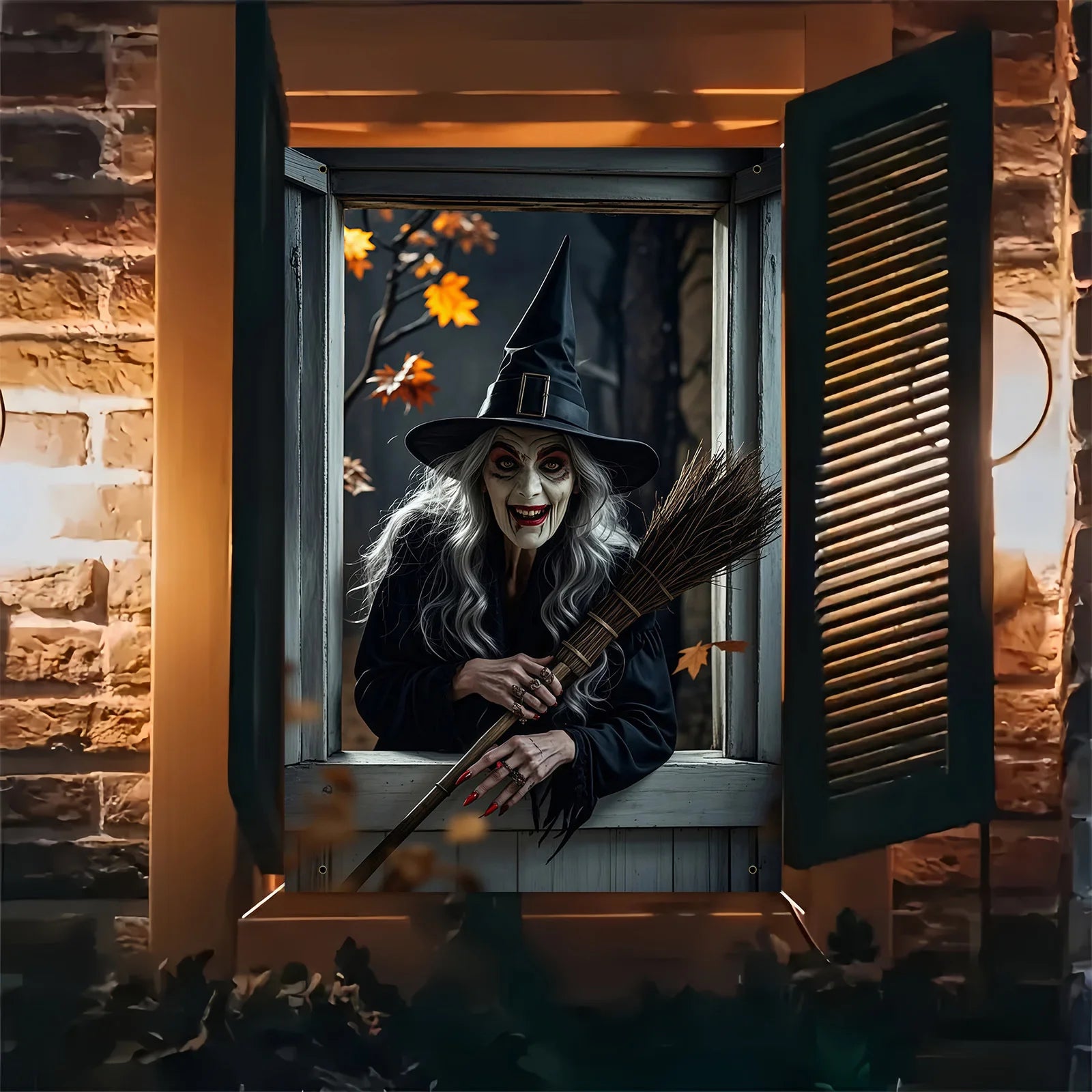 Halloween party, eerie witch window decoration with black cats and brooms, haunted house garden theme