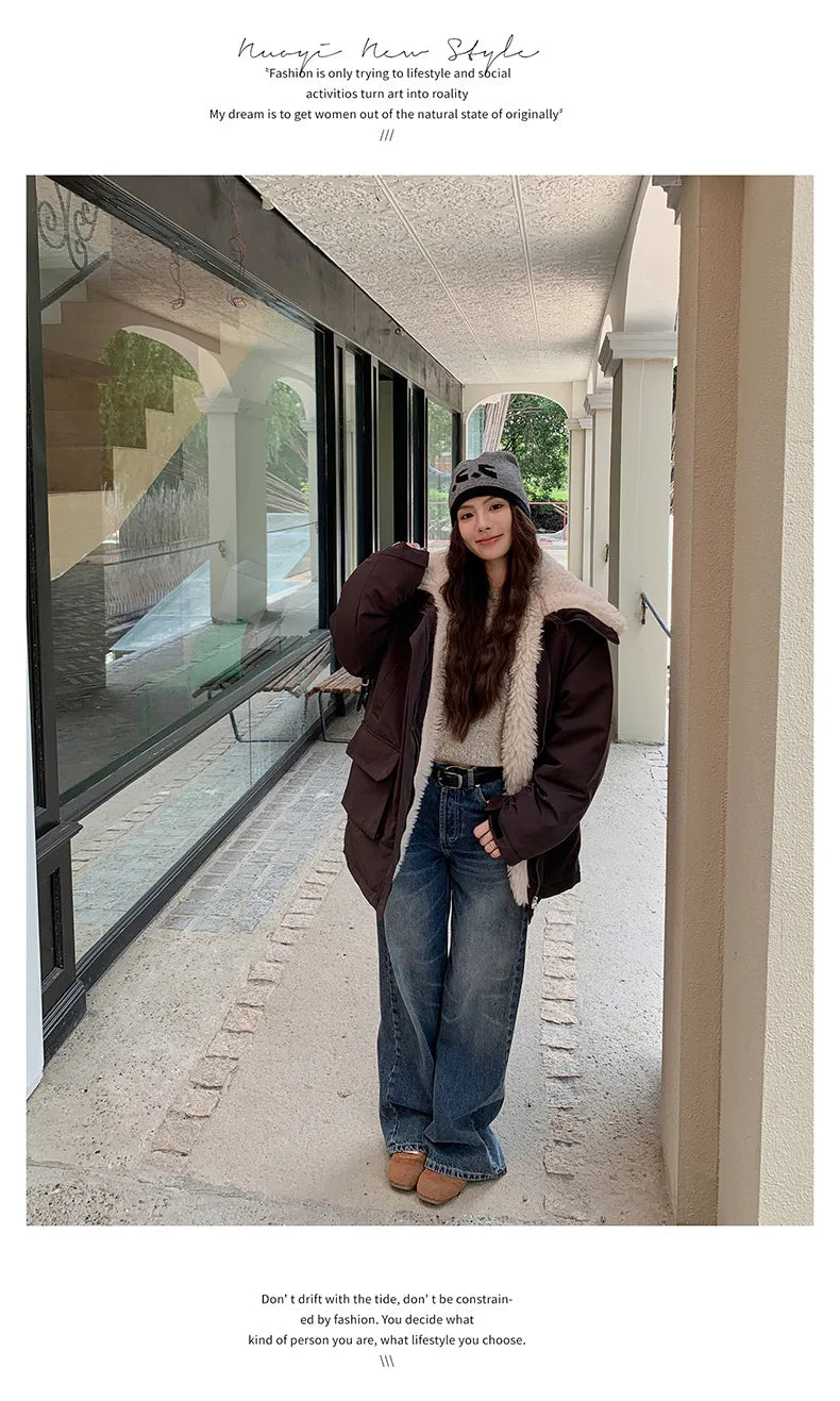 Women Parkas Short Coats Jackets Turn Down Collar Thick Warm Y2k Streetwear Elegant Jacket Work Coat Autumn Winter 2025