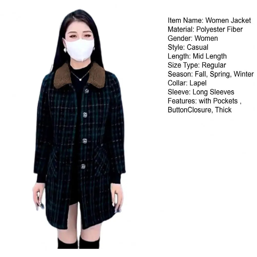 Women Plaid Coat Checkered Winter Mother Jacket Pockets Turn-down Collar Single-breasted Mid Length Overcoat Mid-aged Women Coat