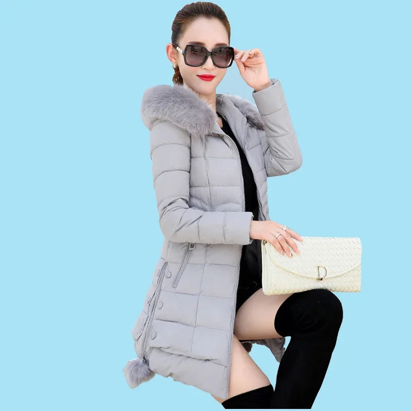 Winter Jacket Women 2024 Winter Coat Pure Color Casual Fur Collar Hooded Long Hooded Cotton Lady Jacket