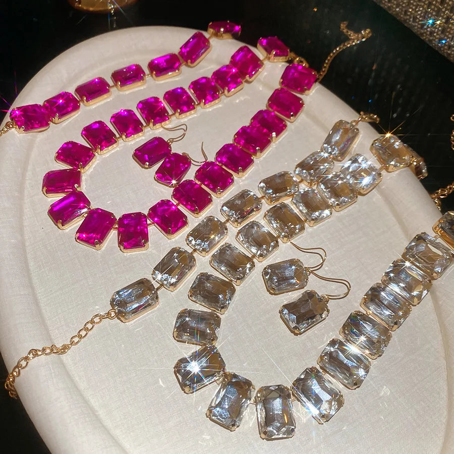 Bride Crystal Necklace Earrings Bracelets Set Bridesmaid Wedding Jewellry Three Pieces Choker Necklace Prom Costume Jewelry Sets
