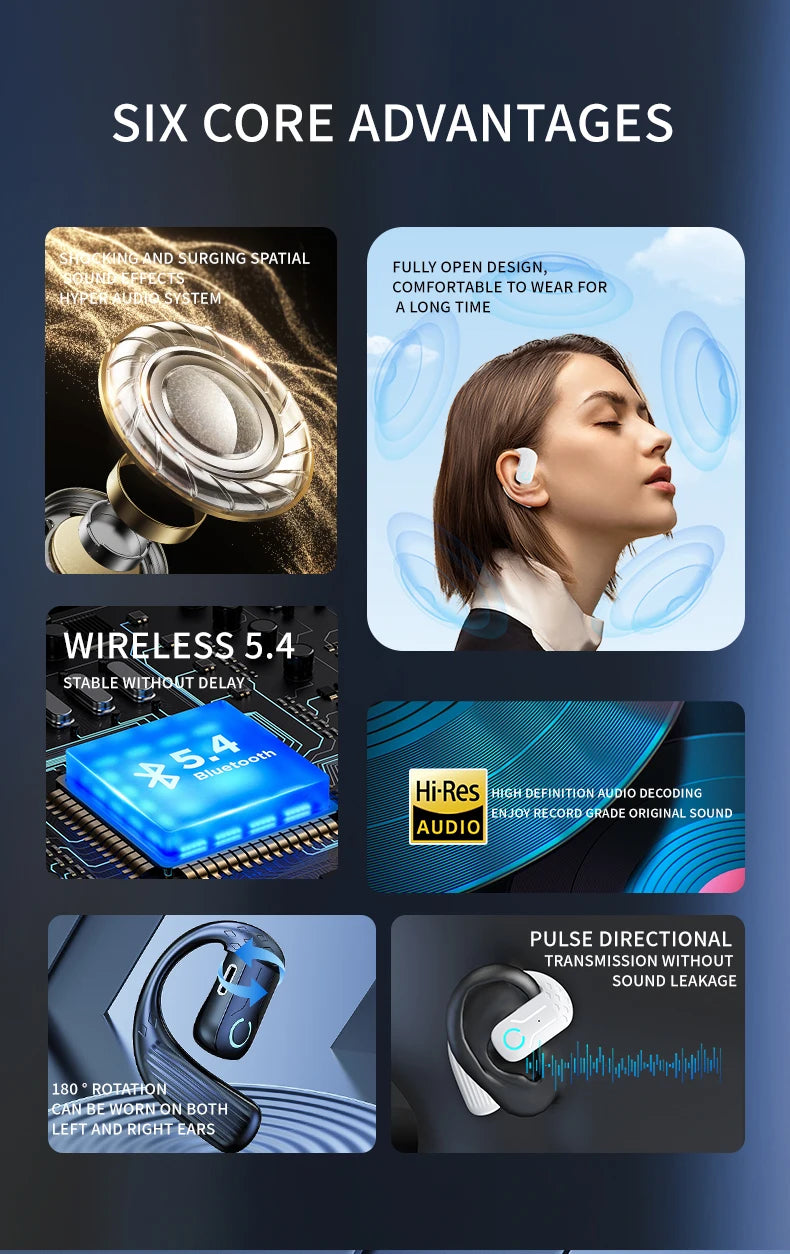 Bluetooth 5.4 Open Wireless Earphone 180° Rotation Adjustable Left Right Ear Universal Headset With Mic For Sport Business Music