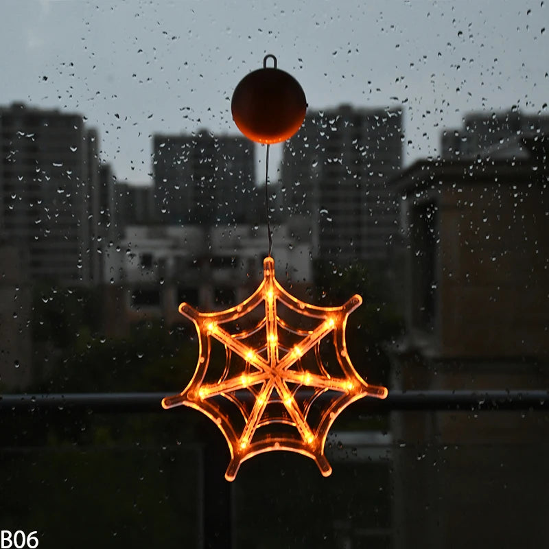Halloween Orange Window Light Orange Pumpkin Ghost Witch Hat Design LED Sucker Lamp Bar Home Party Hanging Decor Without Battery
