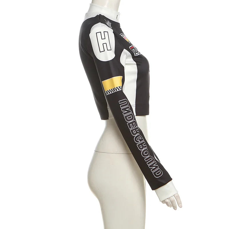 Women Fashion Hipster Pu Leather Jacket Y2K Letter Printed Hipster Motorcycle Jackets Spring Autumn Single-Breasted Casual Coat