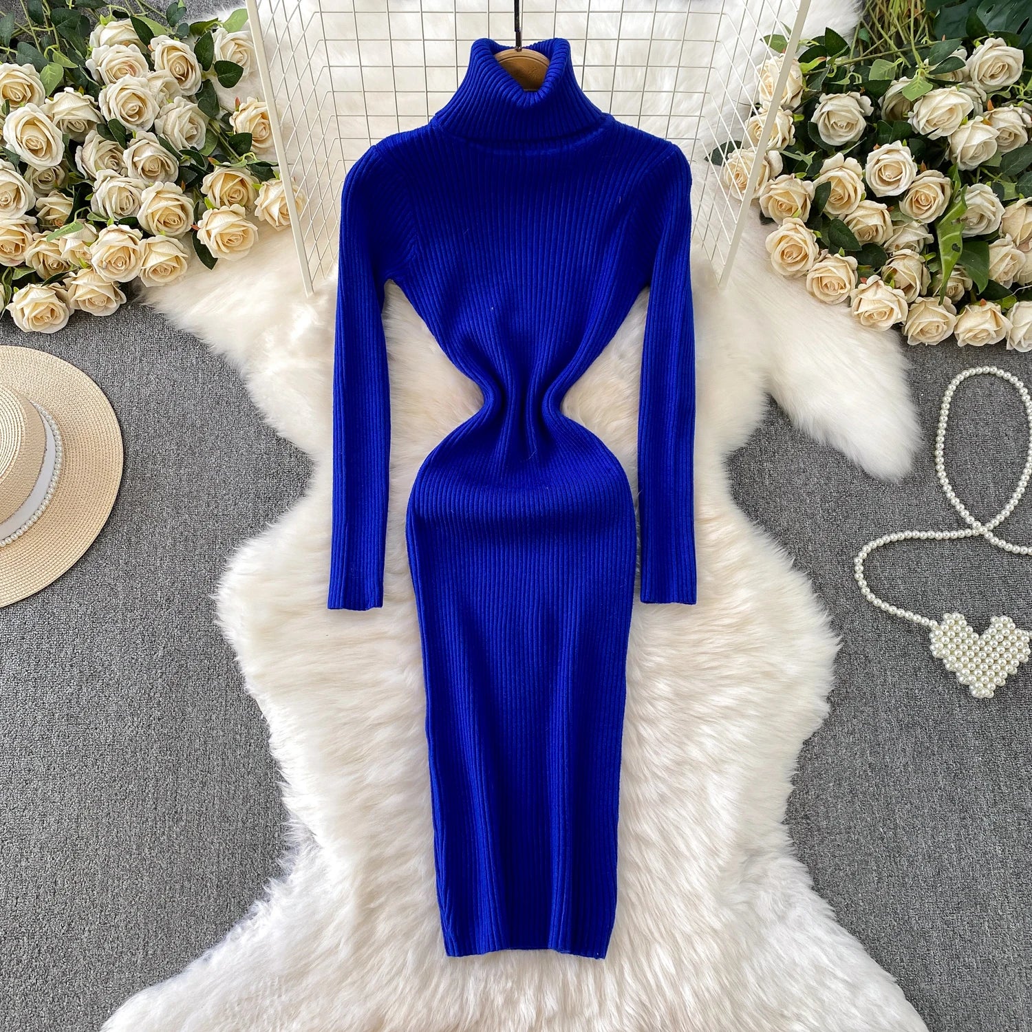 Women Winter Turtleneck Knittign Dress Stretch Slim Long Sleeve Soft Knitwear Dresses Female Casual Lining Simple Bottom Vestido