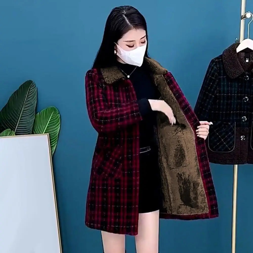 Women Plaid Coat Checkered Winter Mother Jacket Pockets Turn-down Collar Single-breasted Mid Length Overcoat Mid-aged Women Coat
