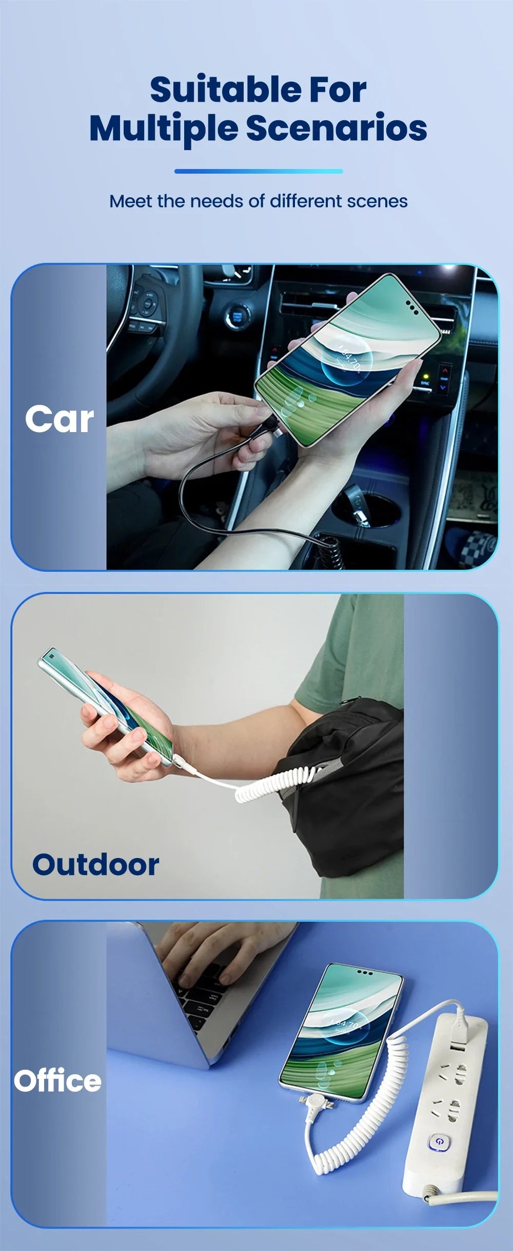 120W 3-in-1 USB C Cable Super Fast Charging Spring Retractable Data Cable For iPhone Huawei Xiaomi Phone Quick Charger Data Cord