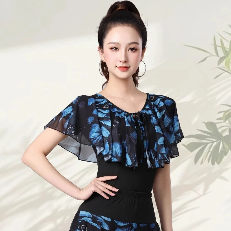 Women Samba Latin Dance Practice Suit Summer New Net Yarn Printed Modern Dance Performance Costume Square Modern Evening Dresses