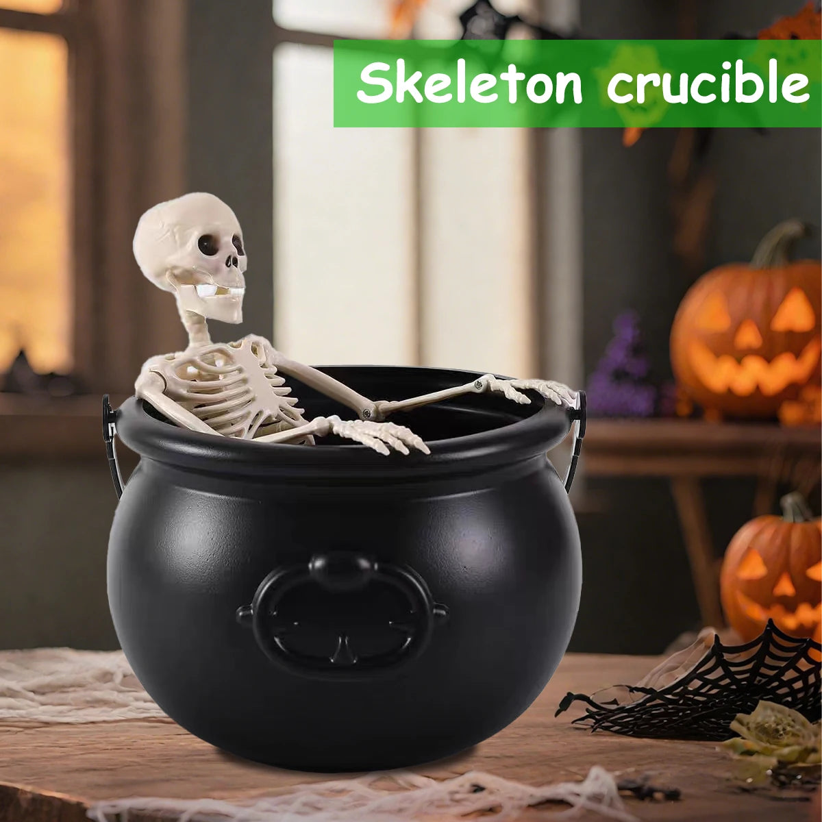 Halloween decorations - Witch's cauldron, Skull skeleton, Indoor family gathering decoration set, Candy bucket, Plant container