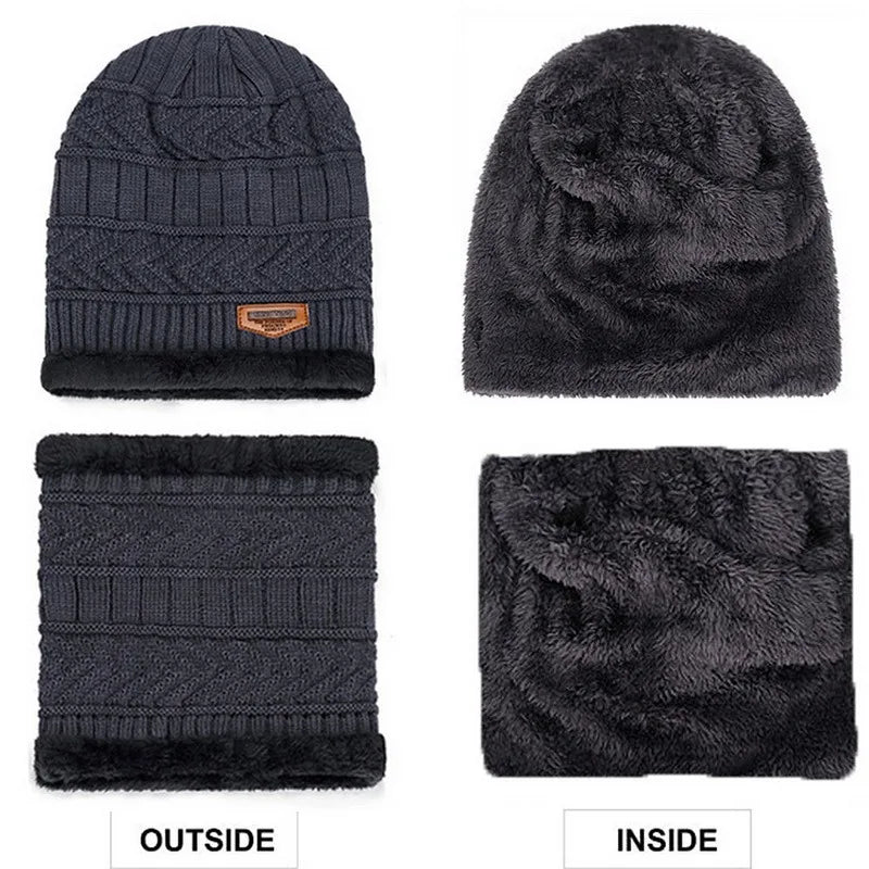 Winter Hat For Men Fleece Scarf Women Neck Leather Knitted Cap Thick Wool Neck Warmer Balaclava Ski Mask Skullies Beanies
