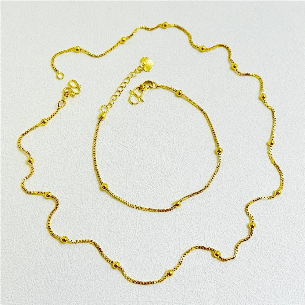 24K Gold Color Jewelry Sets For Women Link Chain Necklace Bracelet 2 pcs Wedding Jewellery Set Accessories Party Gifts Bijoux