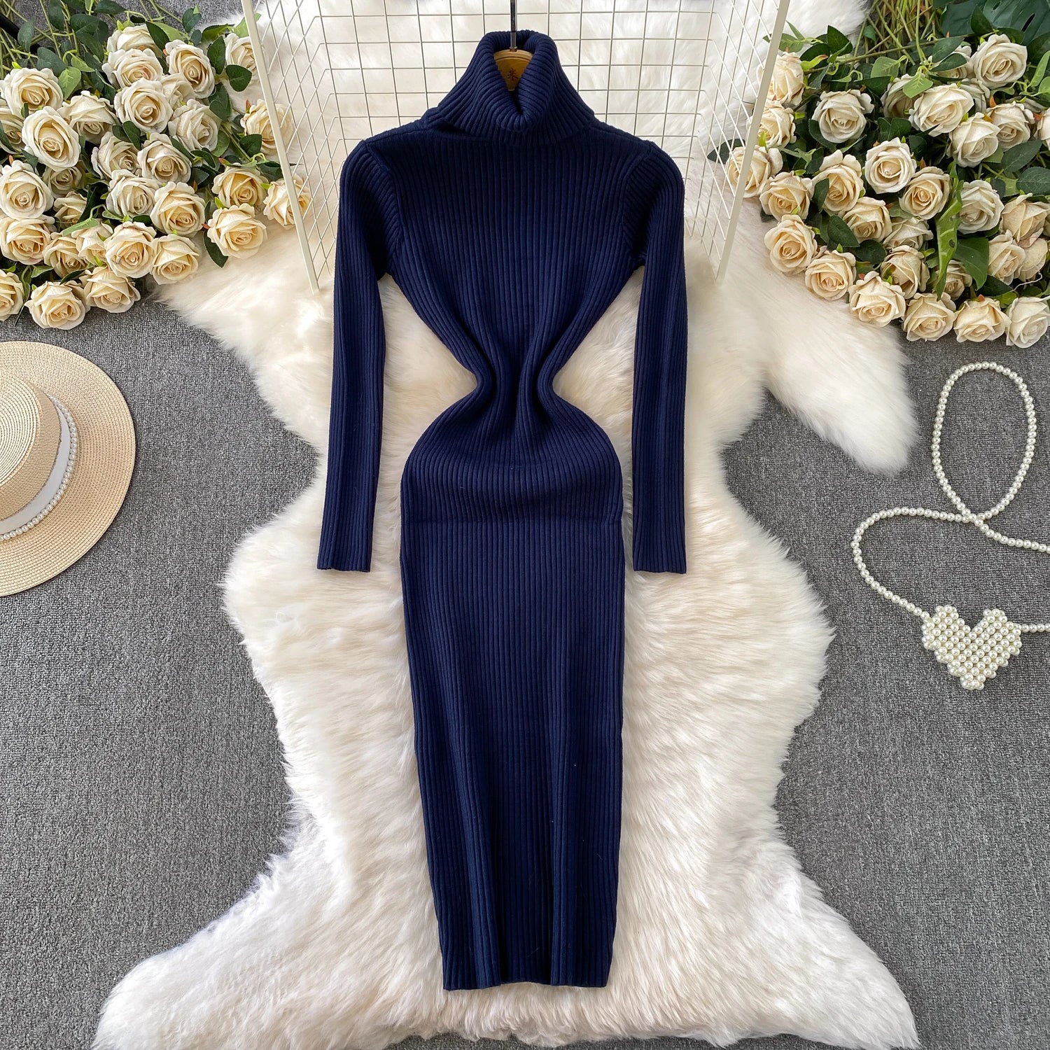 Women Winter Turtleneck Knittign Dress Stretch Slim Long Sleeve Soft Knitwear Dresses Female Casual Lining Simple Bottom Vestido