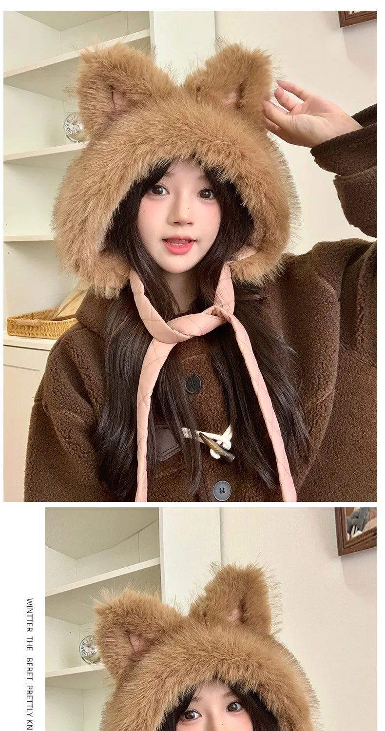 Winter Hat Thicken Ski Beanie Hat for Women Balaclava Spicy Girl Style Cat Girlfriend Hat Outdoor  Warm Protection Accessories