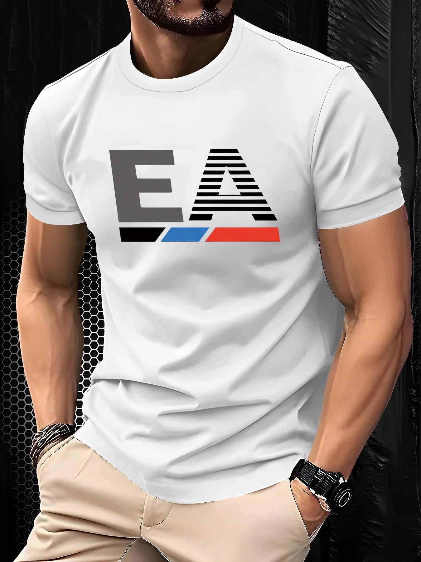 Men's Graphic T-Shirt - Breathable Soft Polyester Tee with Bold EA Logo, Lightweight Summer Shirt for Gym, Office, Casual Attire