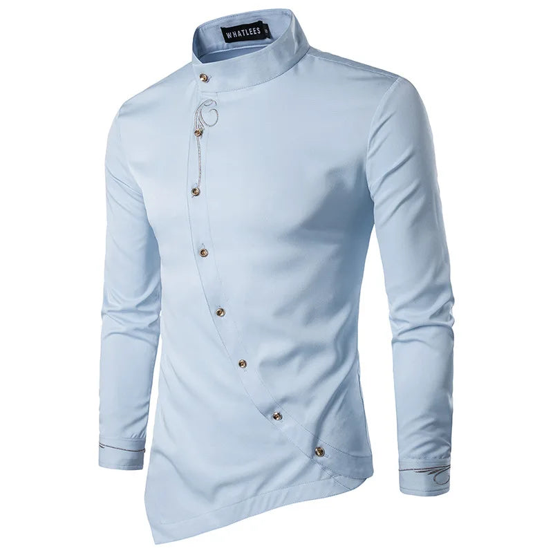 2025 Men's Oblique Button Dress Shirt High Quality Long Sleeve Slim Embroidery Shirts Men Stand Collar Business Wedding Camisas