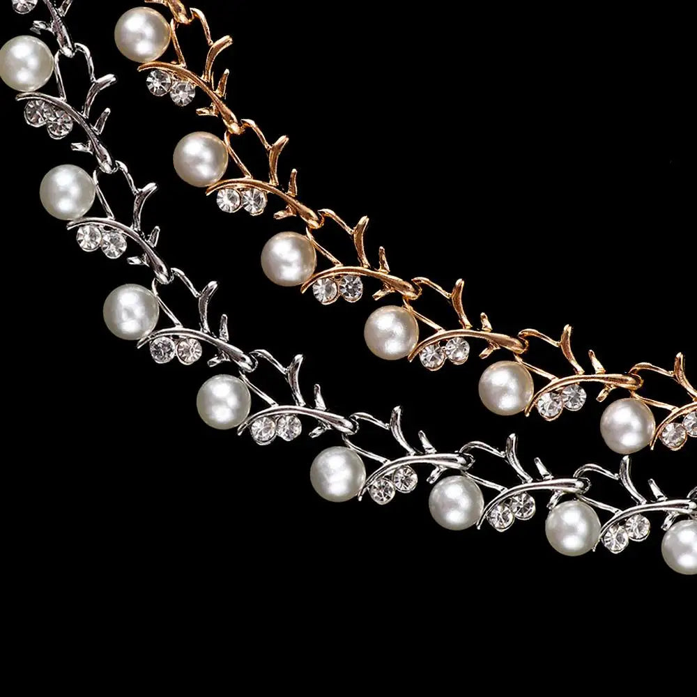 Day Gift Bridal Leaf Clavicle Chain Rhinestone Collar Choker Crystal Necklace Earrings Bracelet Set Wedding Jewelry Pearl