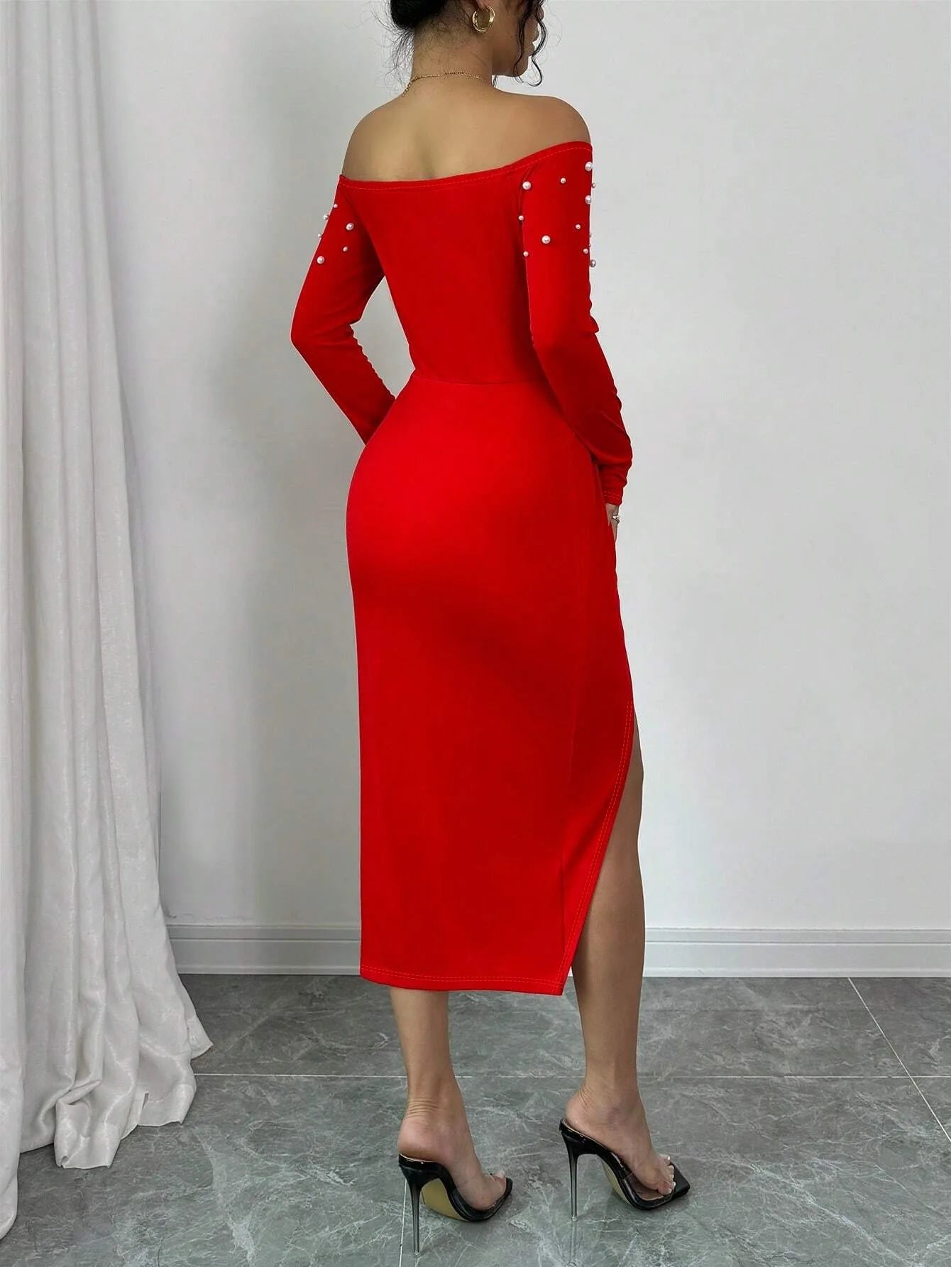 Autumn Winter Women Sexy Party  Split Midi Dress Fashion Off Shoulder Beaded Ruched High Waist Skinny Irregular Women's Dress