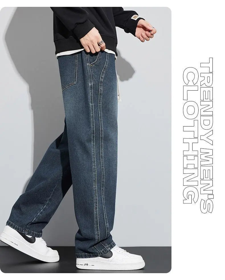 Retro American Wide Leg Men's Jeans Thiened Fce Lined Loose Fit Autumn Winter Wear Resistant Long Trousers Casual Cotton...