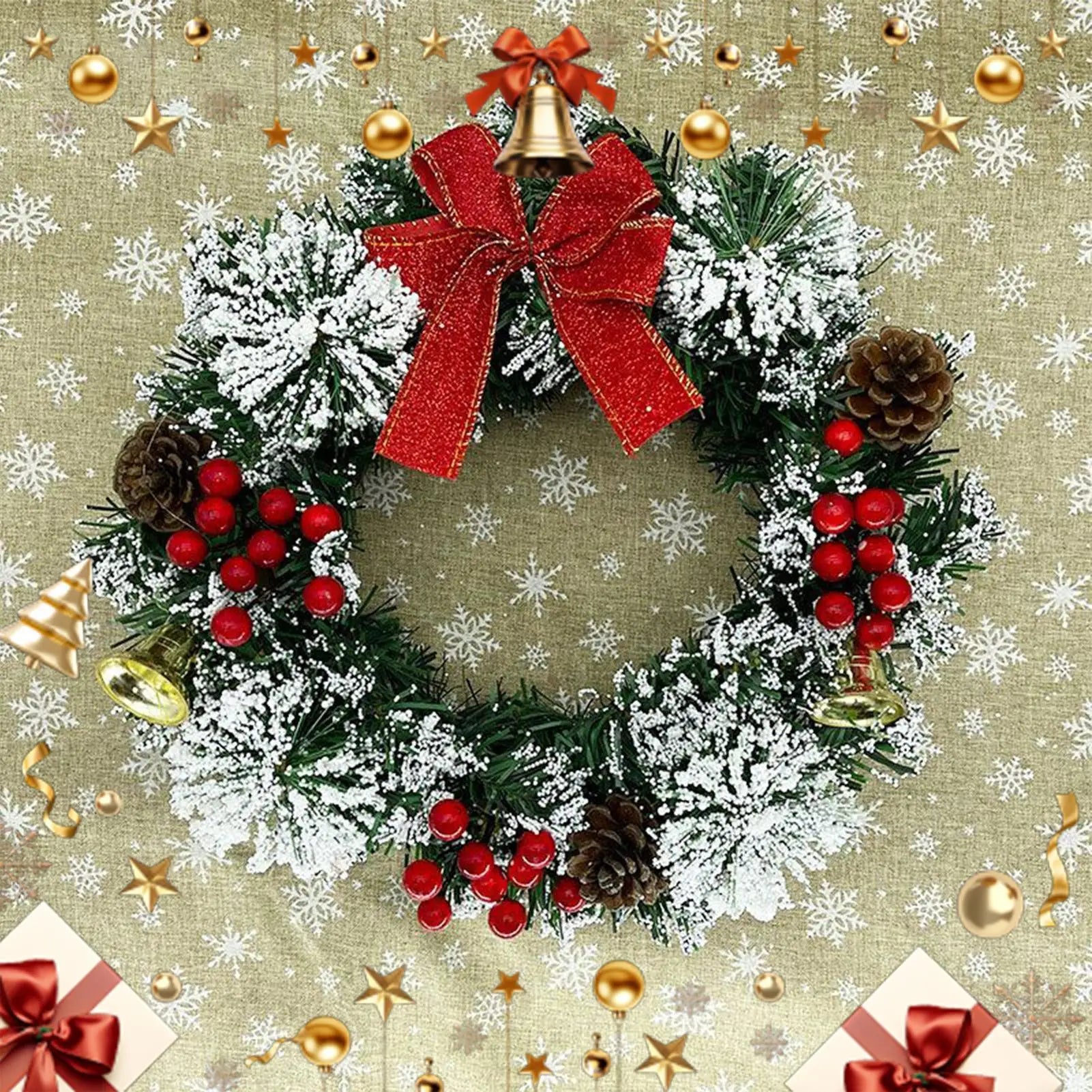 Christmas Wreath 30cm Holiday Decor with Berries Bow Bells Artificial Greenery Garland for Door Window Wall Christmas Decoration