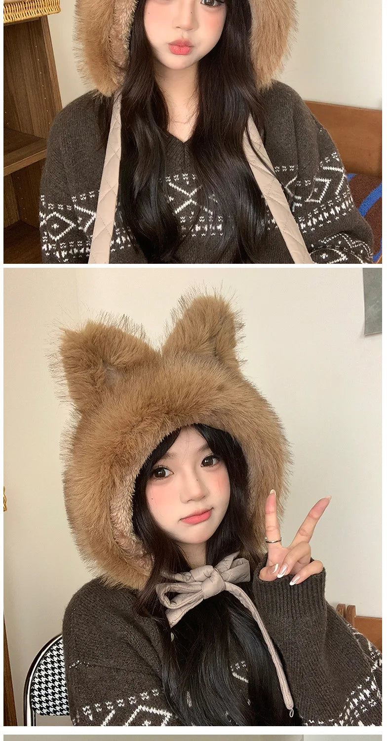 Winter Hat Thicken Ski Beanie Hat for Women Balaclava Spicy Girl Style Cat Girlfriend Hat Outdoor  Warm Protection Accessories