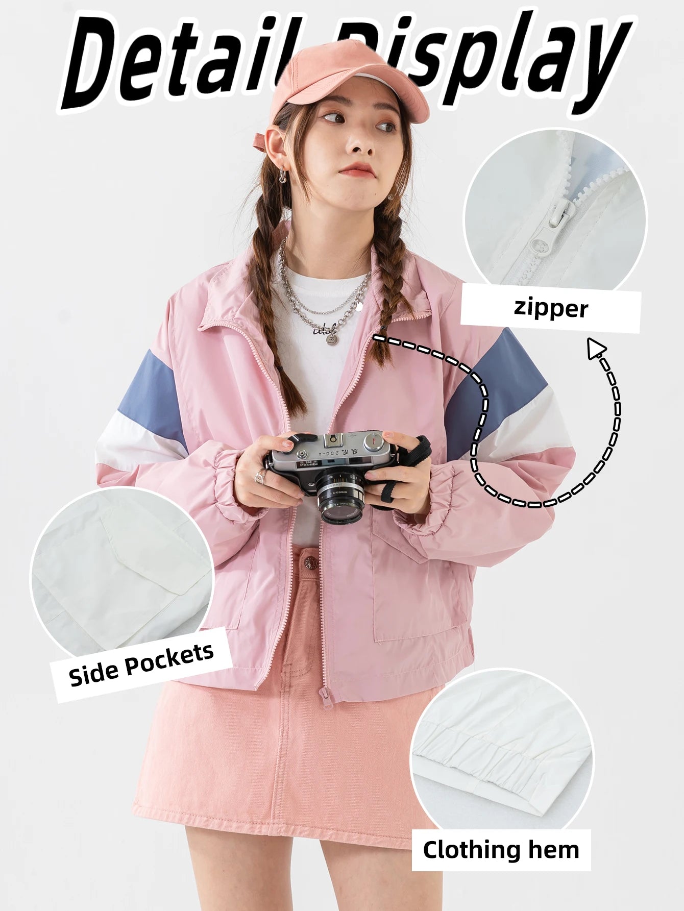 Women's Casual Jacket Color Block Windbreaker Coat Cropped junior Boomber Jacket Long Sleeves Patchwork Outerwear