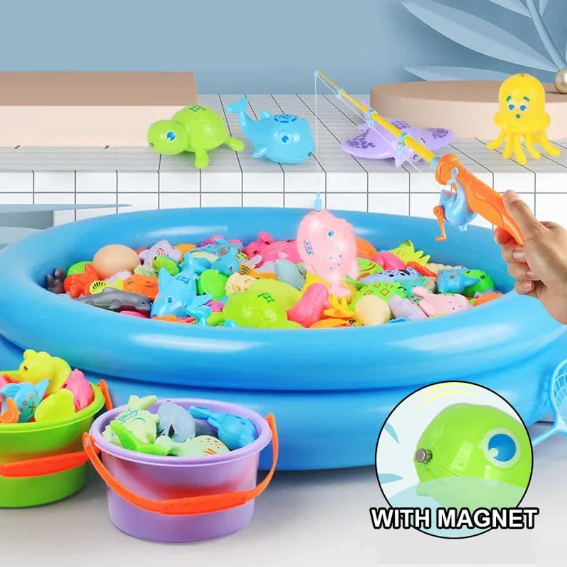 Kids Fishing Toy Set Play Water Toys for Baby Magnetic Rod and Fish with Inflatable Pool Outdoor Sport Puzzle Toys for Children