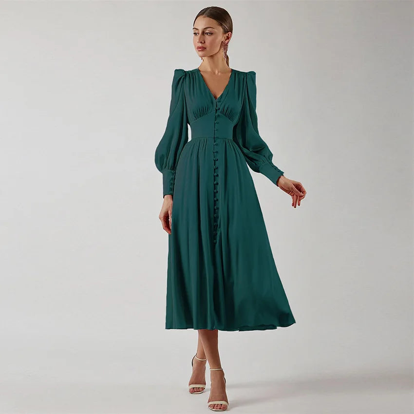 Autumn and Winter Women's Long Dress V-neck Satin Waist Retro Dresses for Women