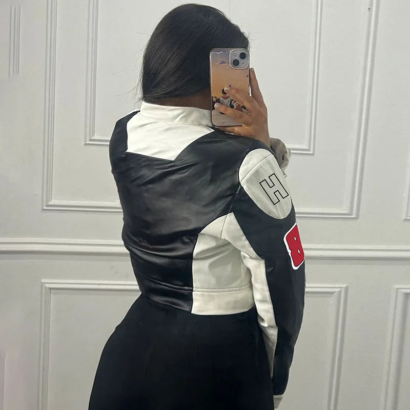 Women Fashion Hipster Pu Leather Jacket Y2K Letter Printed Hipster Motorcycle Jackets Spring Autumn Single-Breasted Casual Coat