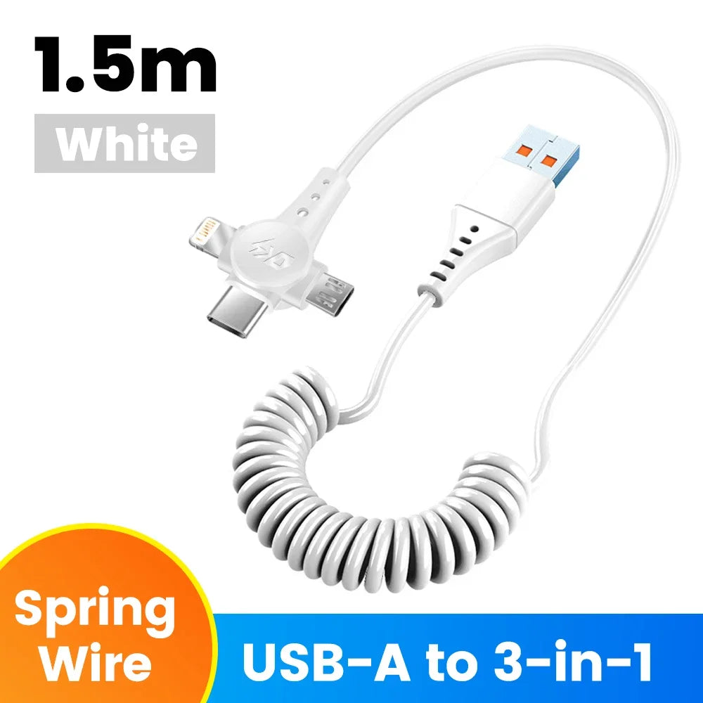 120W 3-in-1 USB C Cable Super Fast Charging Spring Retractable Data Cable For iPhone Huawei Xiaomi Phone Quick Charger Data Cord