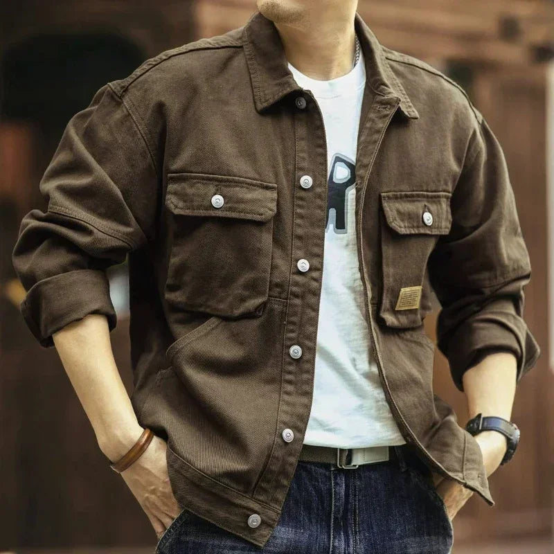 High end work jacket, men's spring and autumn trendy brand, loose American retro lapel jacket, casual and handsome denim jacket