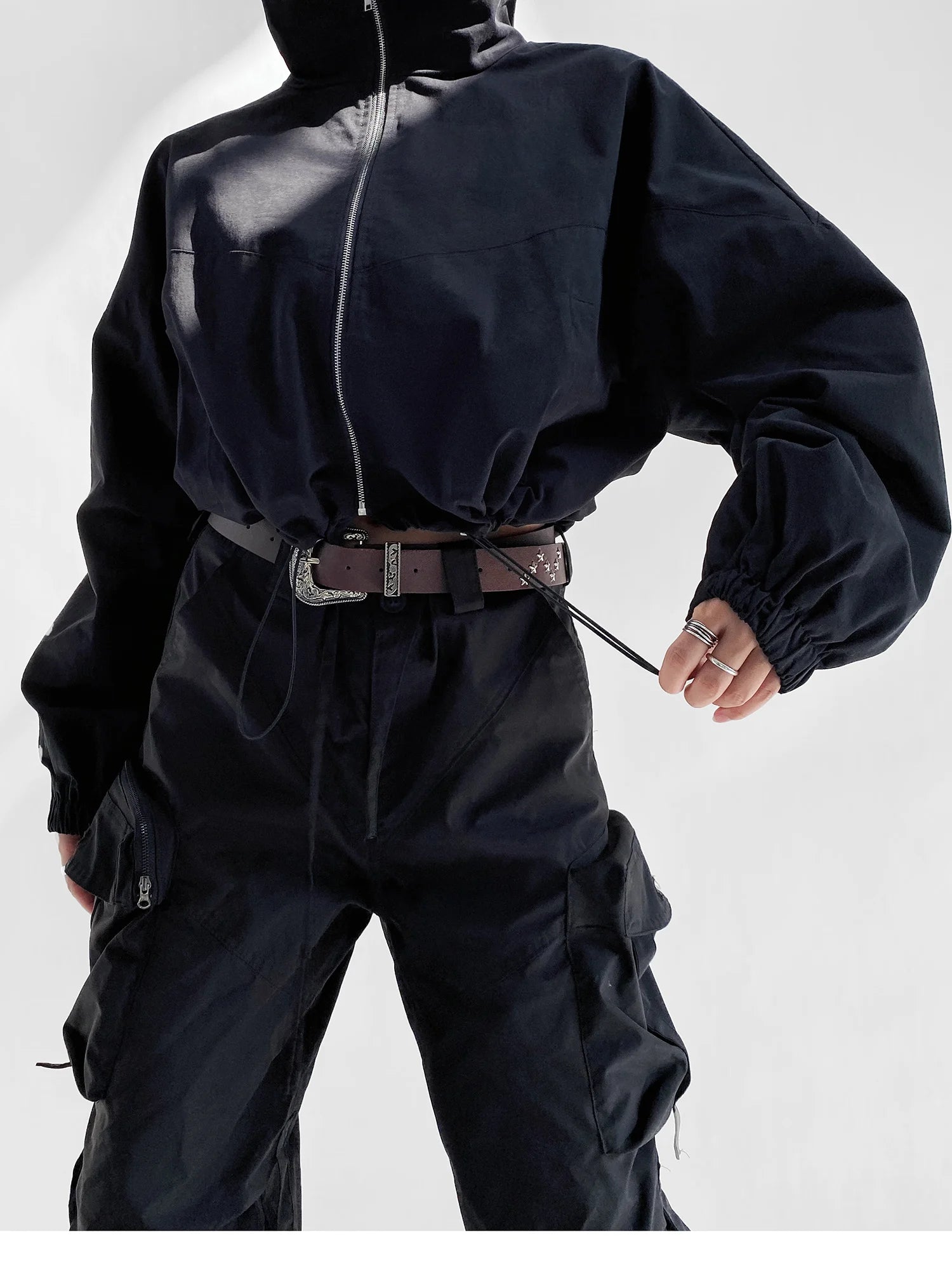 Women's Cropped Utility Jacket - Drop Shoulder Drawstring Hem Ribbed Cuffs Lightweight Cotton