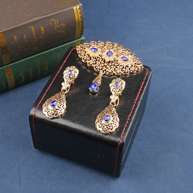 Moroccan Wedding Jewelry Set Arabian Robe Pin Colorful Crystal Brooch Moon Shape Pendant Earrings Bridal Gift