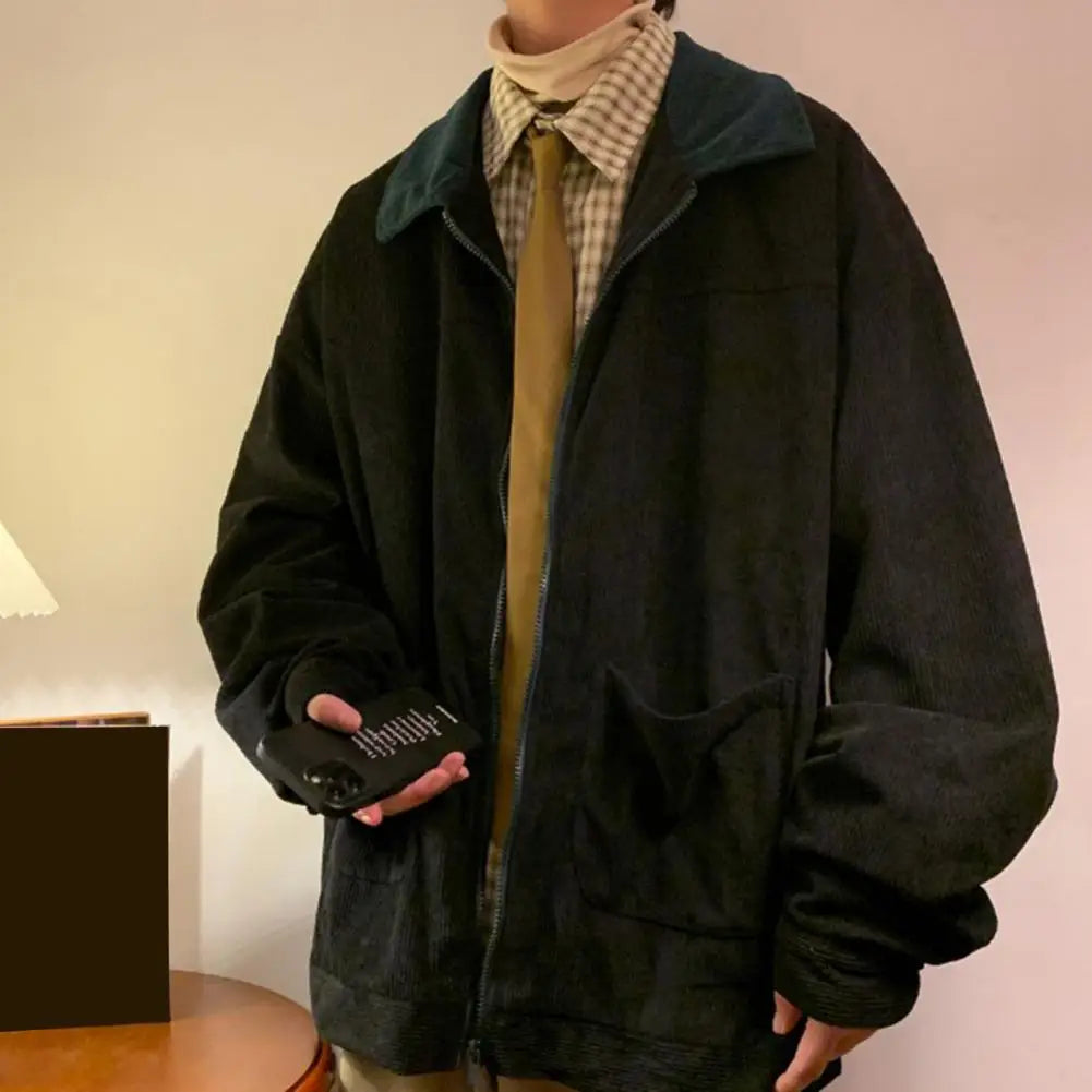 Men Jacket Stylish Men's Corduroy Patchwork Jacket with Full Zipper Placket Lapel Coat Outwear for Fall Winter Corduroy Outwear