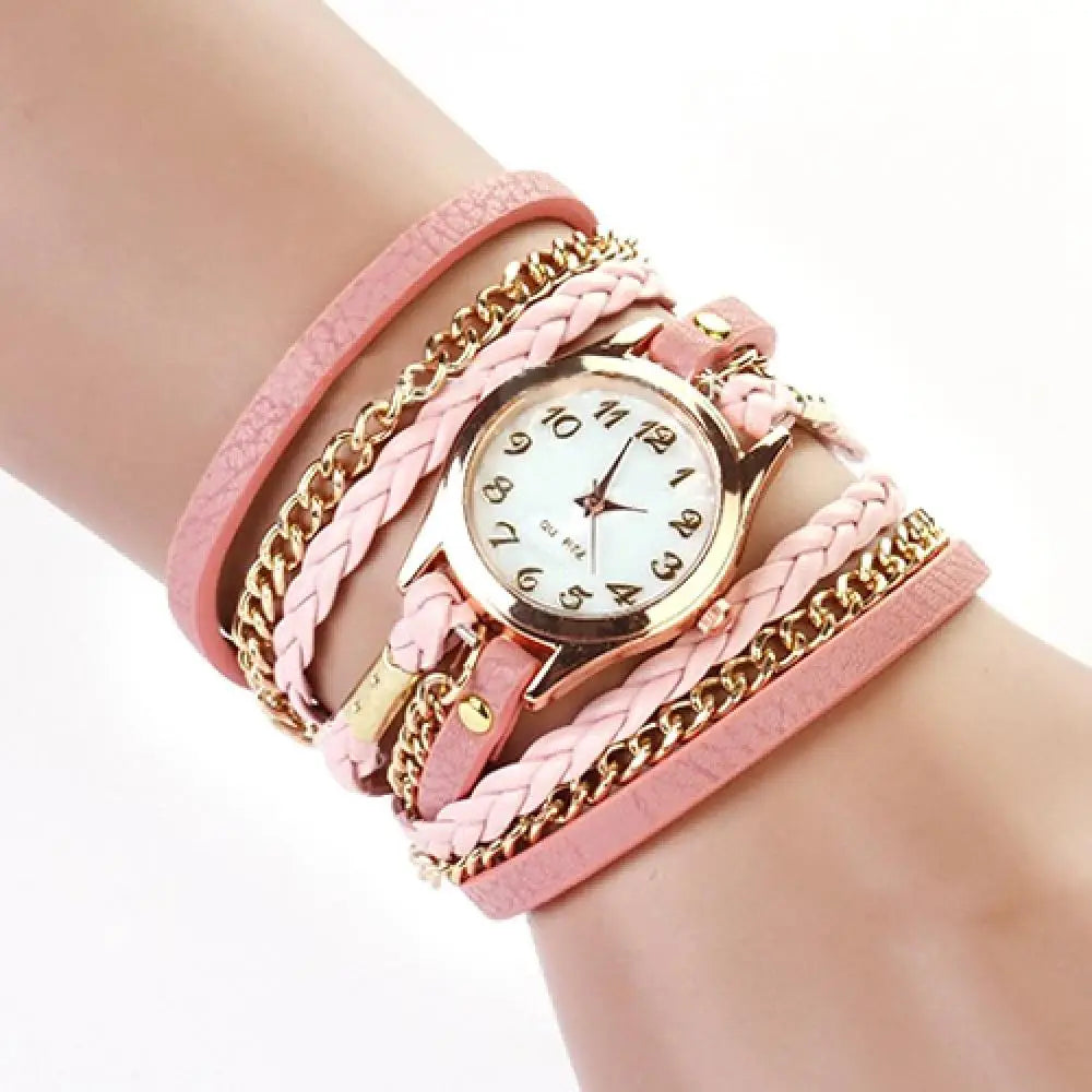 Quartz Wristwatch for Women Vintage Multilayer Faux Leather Alloy Braided Bracelet Wrist Watch Jewelry