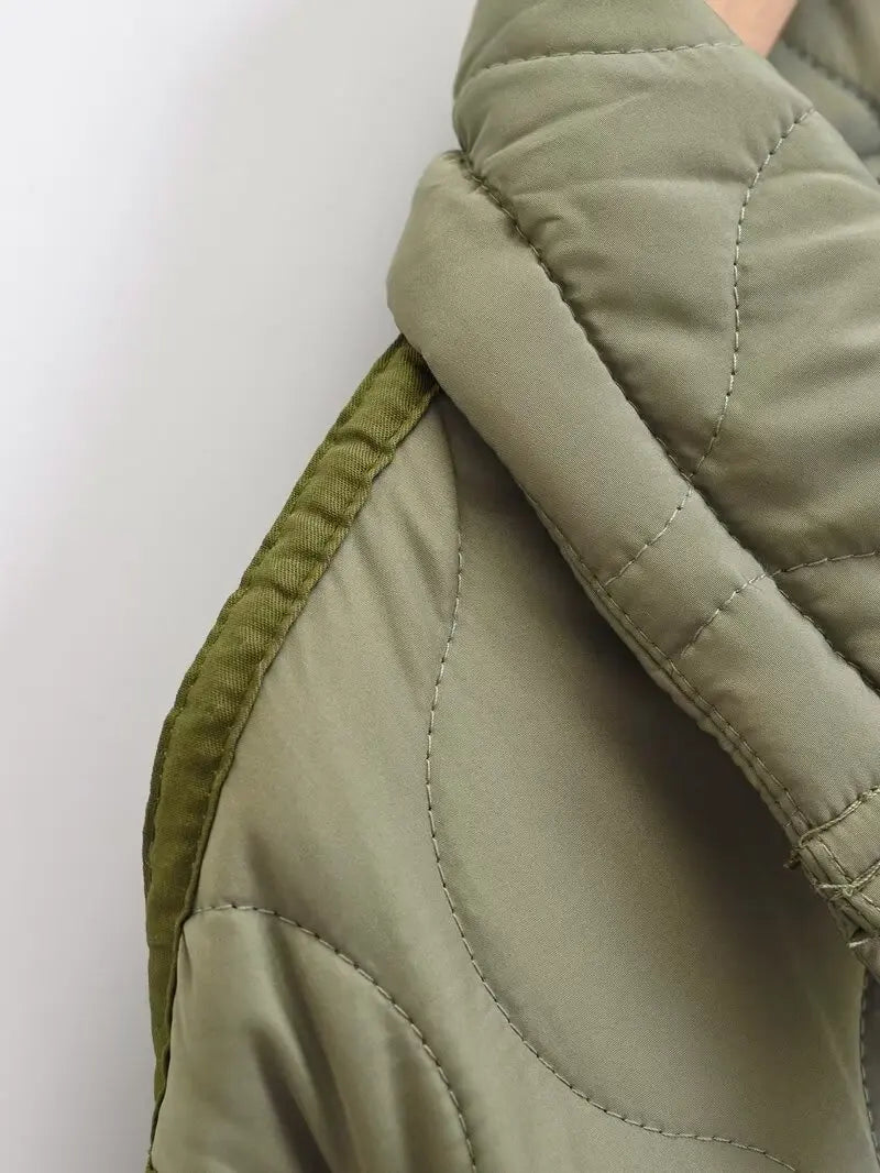 Quilted coat for women ETJ 2024traf QUILTED JACKET WITH TIES new beige drawstring high neck pocket clip cotton jacket for women