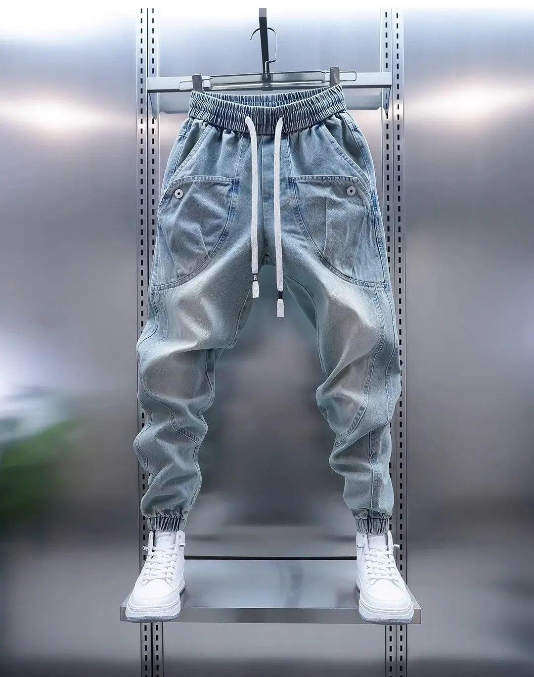 Waed Denim Jeans Men's Spring Autumn Large ket Harlan Casual Pants Blue Trendy Trousers Straight Leg Loose Fit Jeans