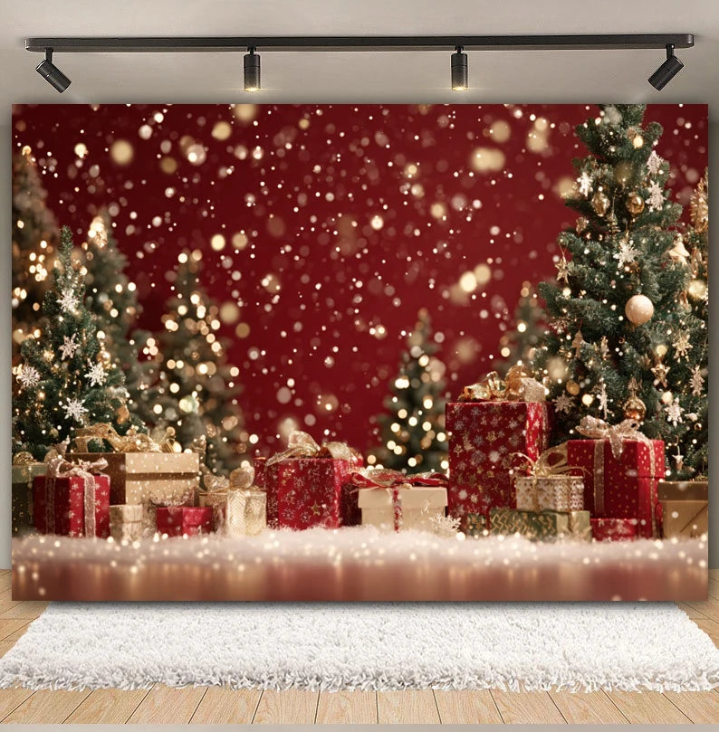 Christmas Day Decor Backdrop for Photography Xmas Tree Red Room Wall Glitter Gift Family Holiday Portrait Decor Photo Background