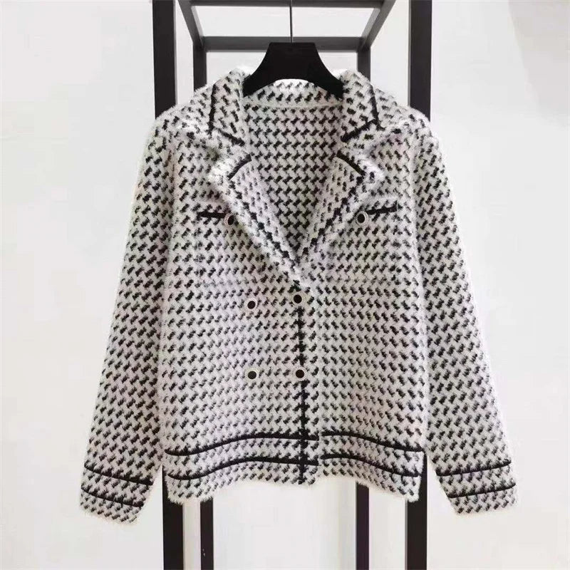 Jackets Women's Autumn Winter 2025 New Small Fragrance Short Coat Female Style Vintage Houndstooth Knitted Cardigan Outwear Tops