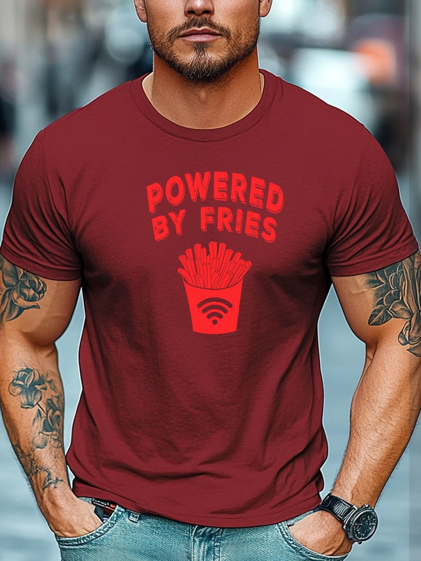 Men's t shirts POWERED BY FRIES Graphic Summer Soft Comfort Fit Tee Daily Wear Tops