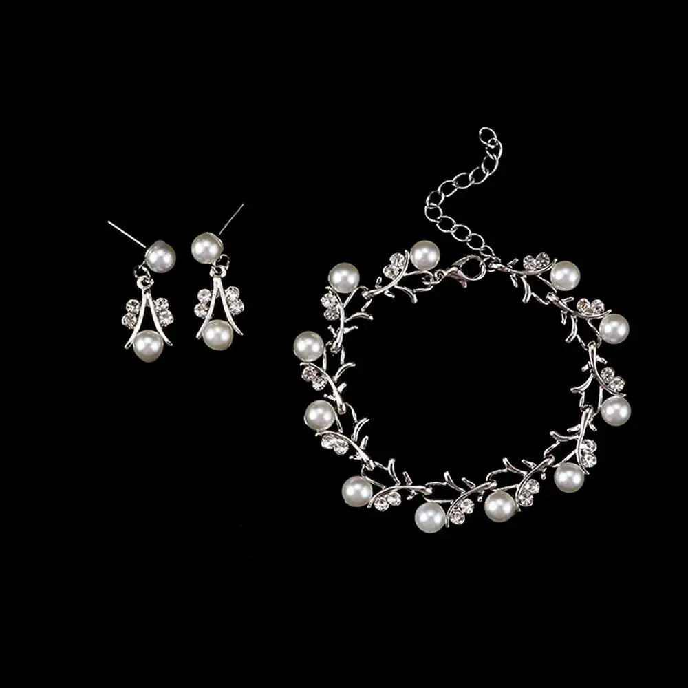 Day Gift Bridal Leaf Clavicle Chain Rhinestone Collar Choker Crystal Necklace Earrings Bracelet Set Wedding Jewelry Pearl