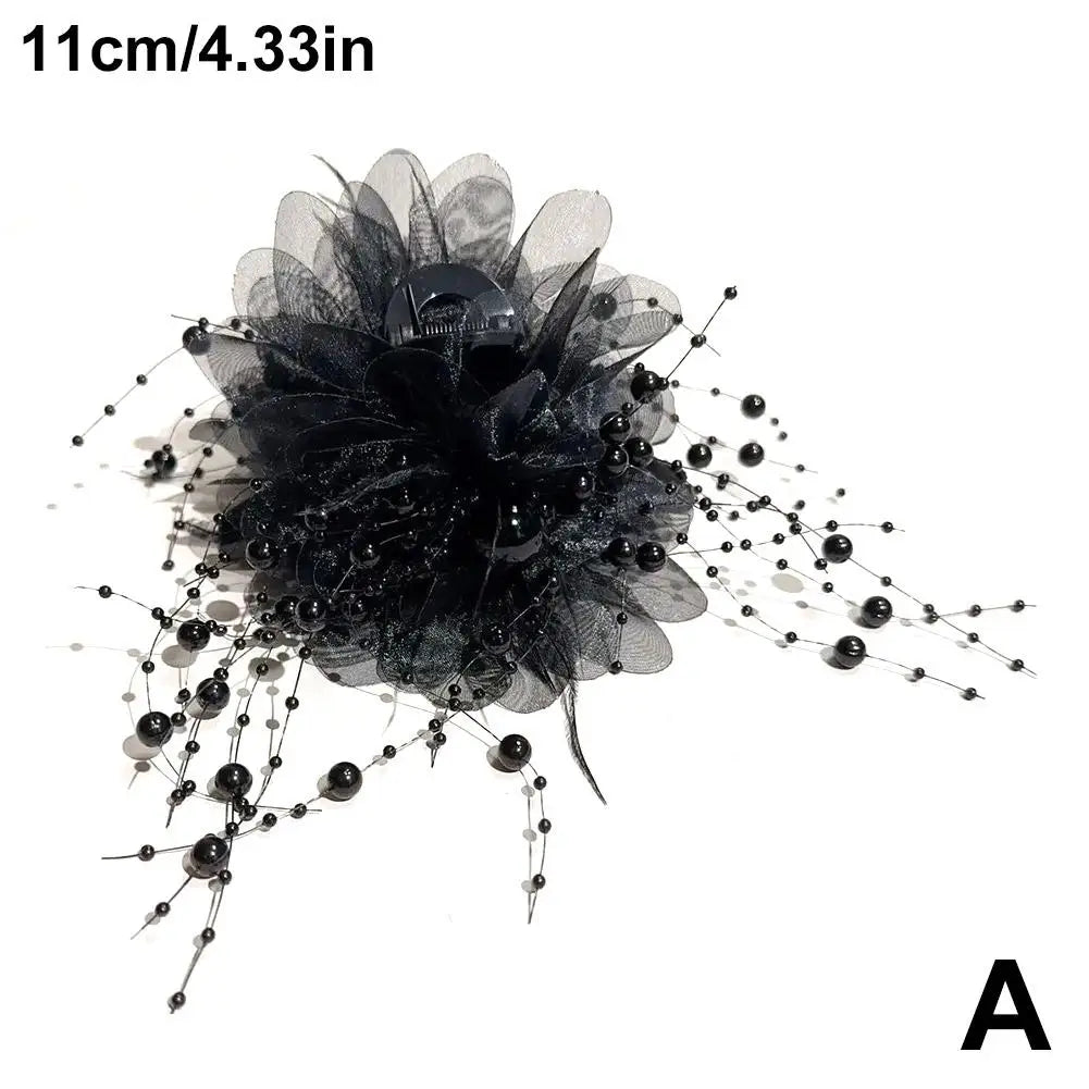 Women Fashion Hair Accessories Girls Flower Hair Claw Pleated Organza Pearls Black Feather Grip Shark Hair Clip Female Headwear