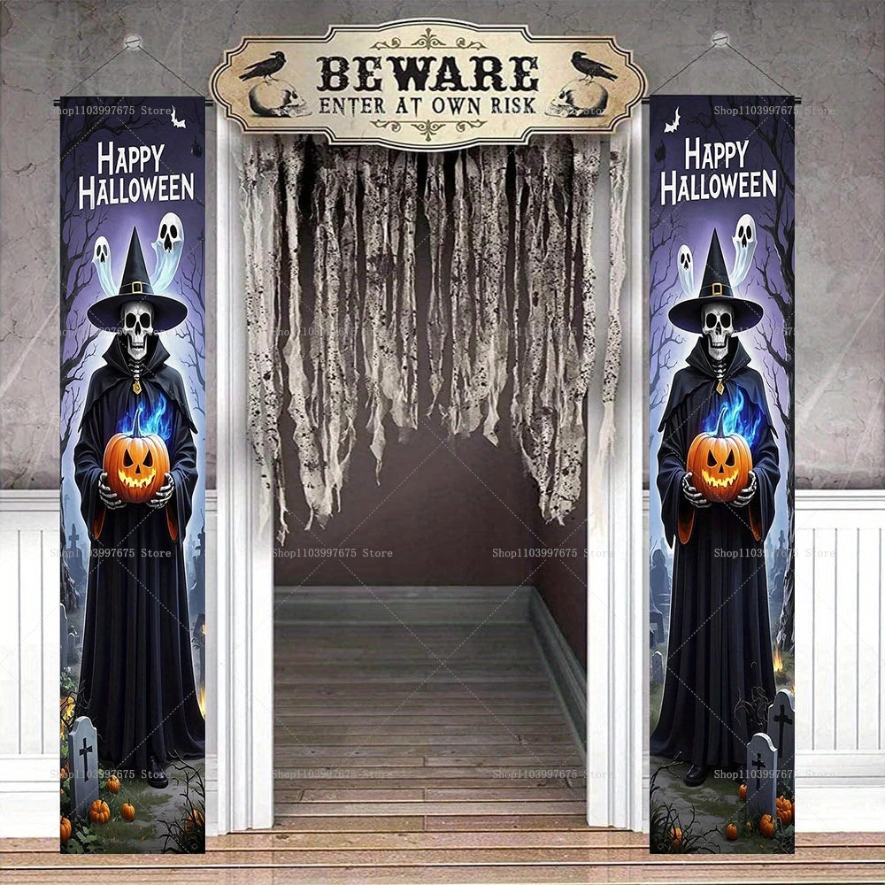 Halloween Scary Ghost Banners Welcome Porch Sign Halloween Skull Hanging Banner Decorations for Indoor Outdoor Party Supplies