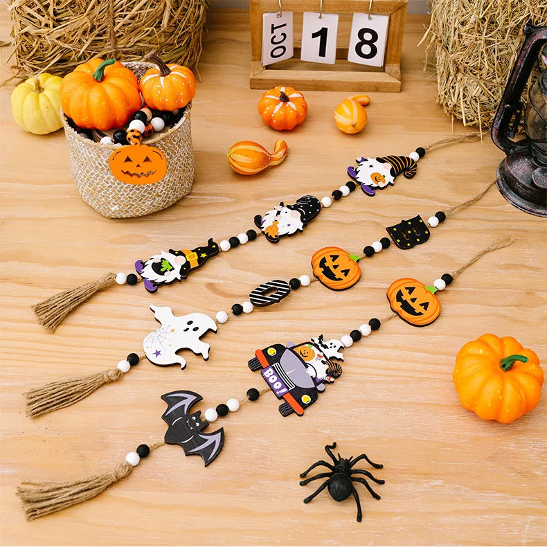 Halloween Wooden Hanging Decorative Ghost Festival Atmosphere Decorations Beaded Witch Pumpkin Bat Pendant Home Party Supplies