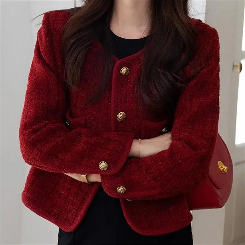Wine red Coat Women Xiaoxiangfeng Jacket  Autumn and Winter New Short Jackets Elegant Women's Top