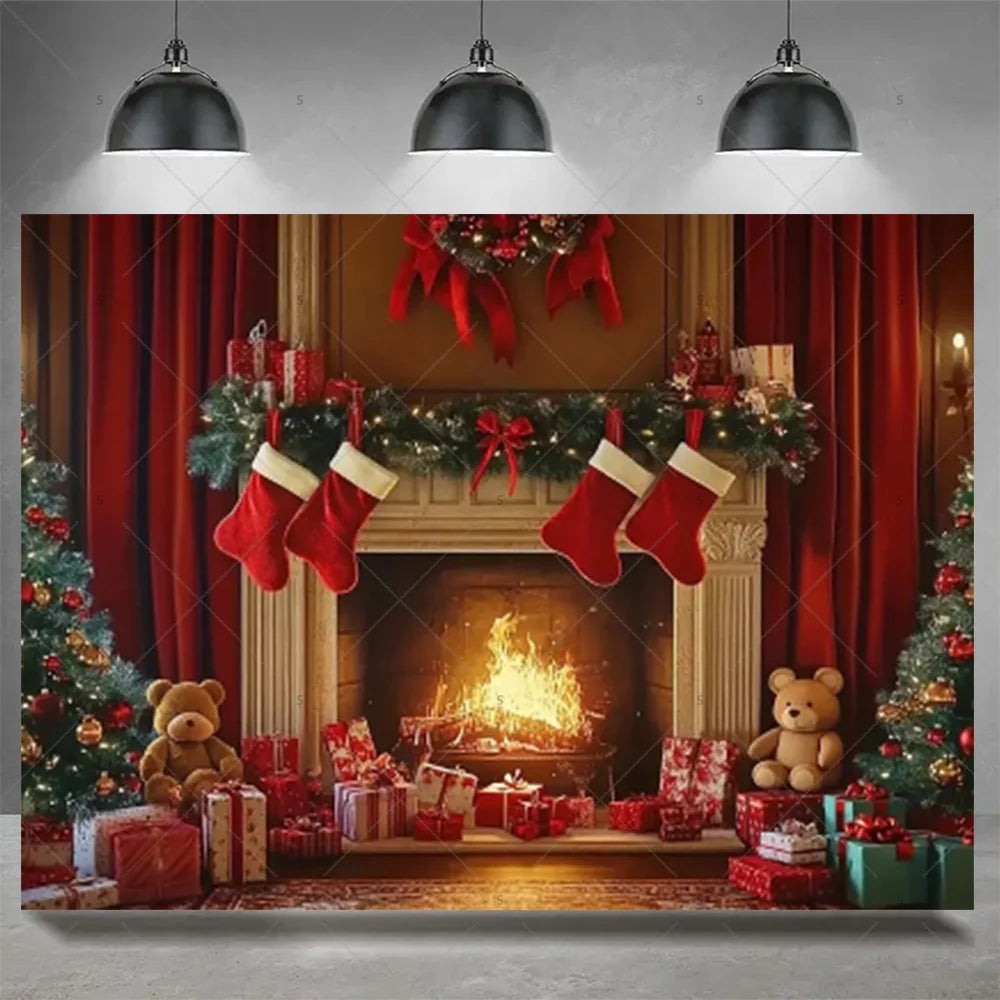 Christmas Party Decoration Winter Fireplace Xmas Tree Background Baby Shower Supplies Banner Photo Prop Backdrop Children Gift