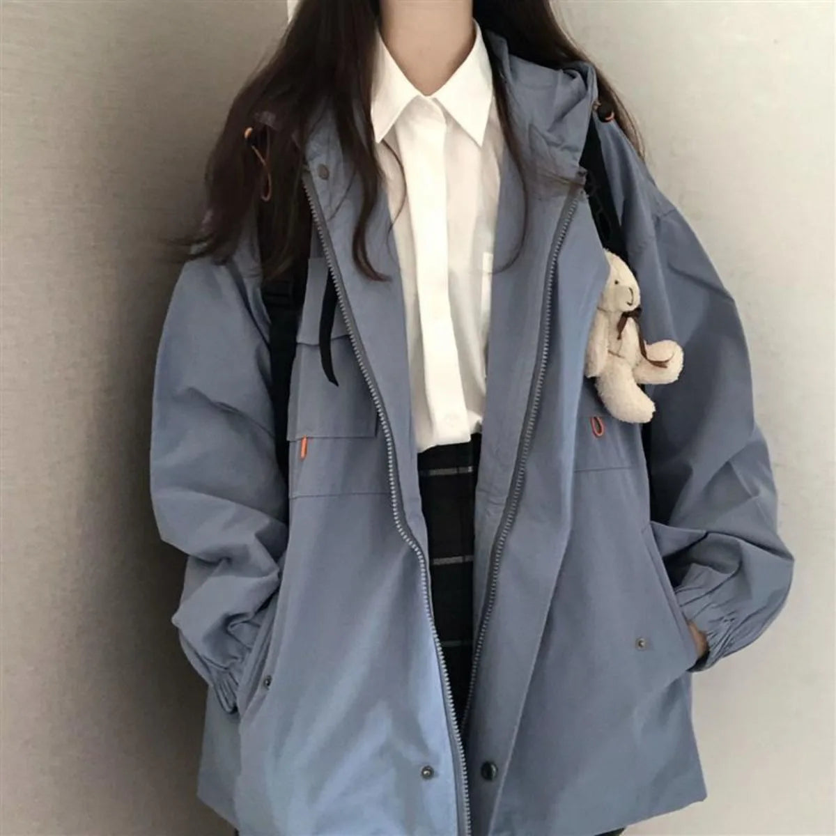 Women Black Jacket with Hood Long Sleeve Work Clothes Pocket Zipper Jacket Coat Woman Loose Casual Outerwear Coat Tops Trend