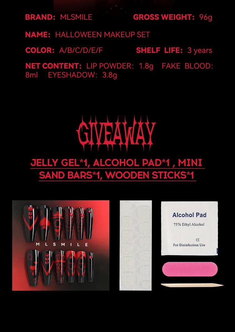 MLSMILE Halloween Makeup Set Eyeshadow Glitter Lip Glaze Fake Blood Wearing Armor 4pcs/set Festive Set Trick or Treat Cosmetics